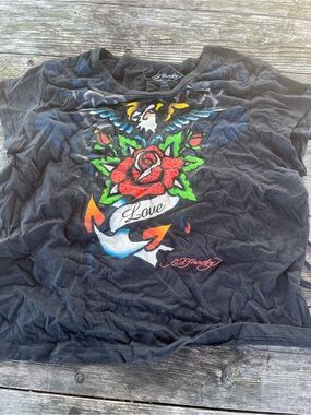 Ed Hardy Black Short-Sleeve Graphic Rose & Eagle Tee fringe in back girls XL